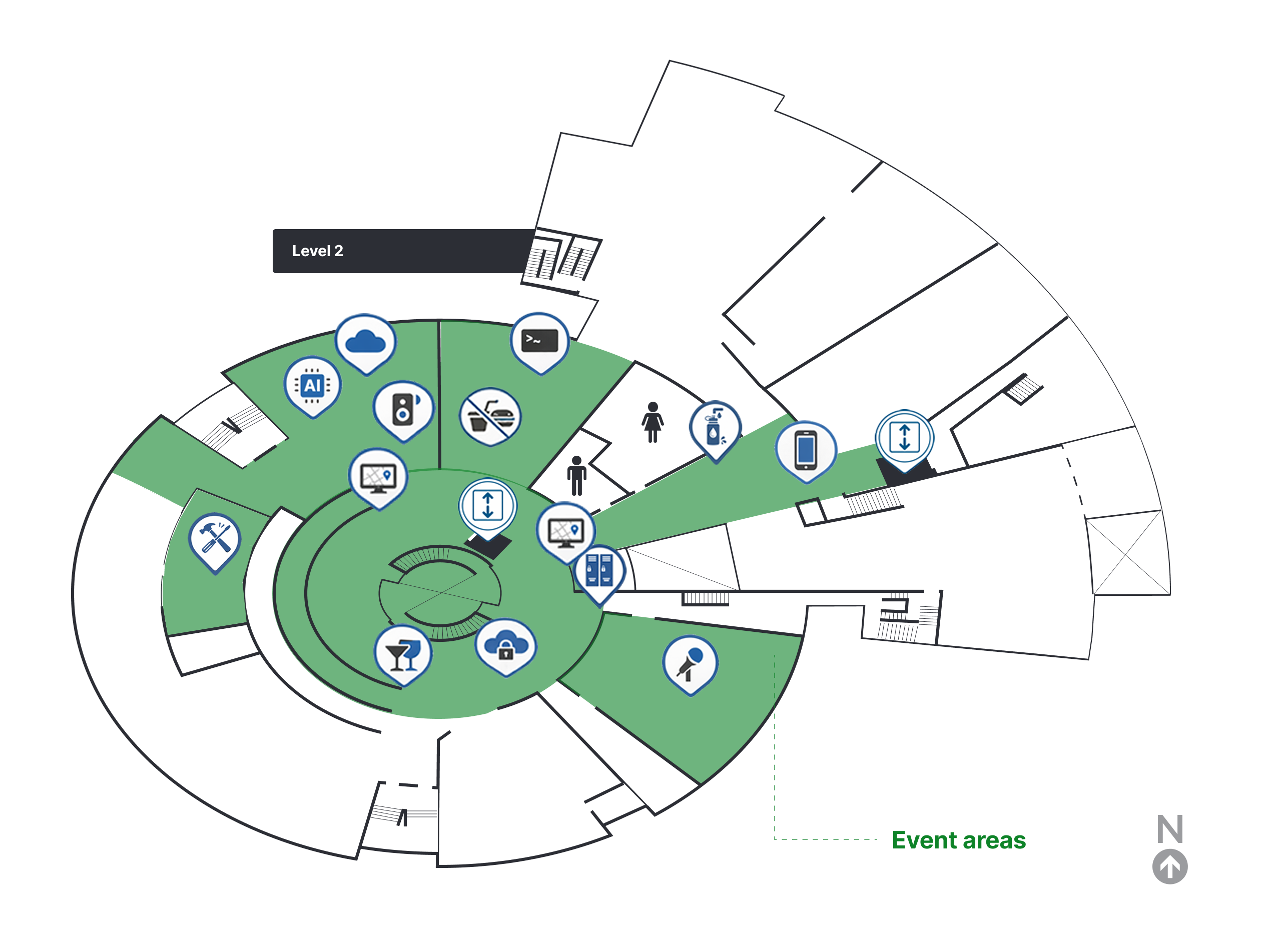 Science World Floor 2 map with highlighted areas and wayfinding icons
