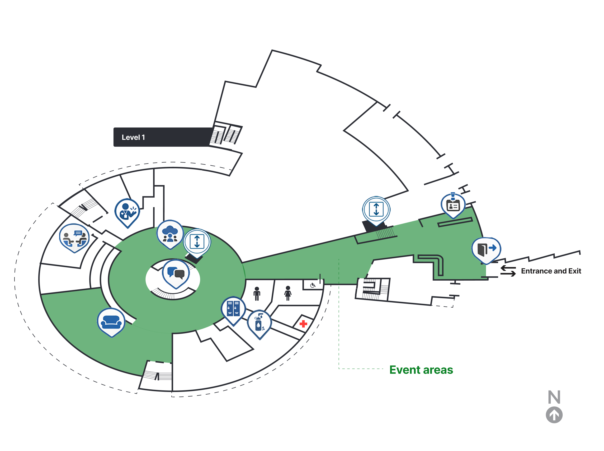 Isometric floor plan for Science World Floor 1 with highlighted areas and wayfinding icons