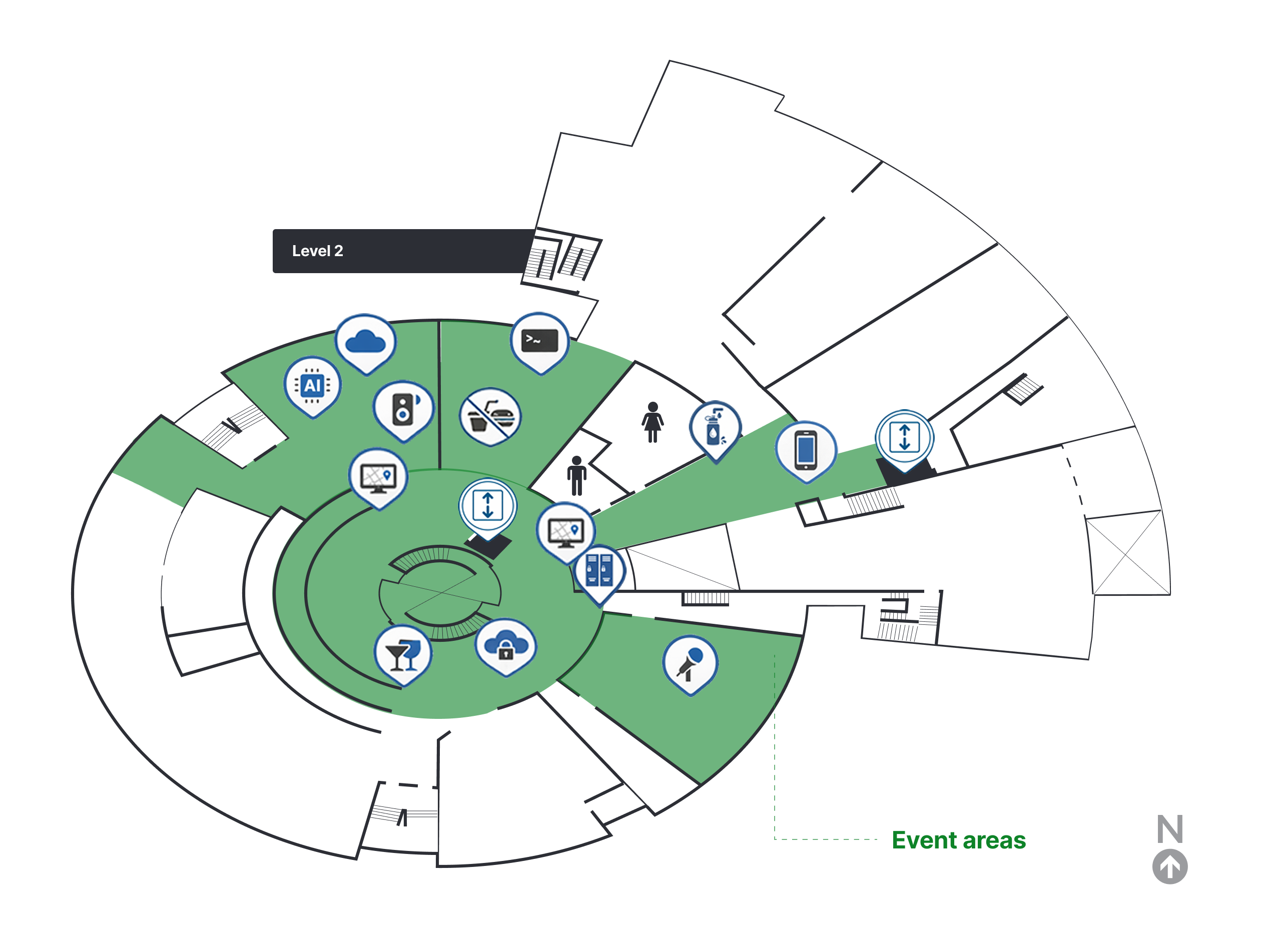 Science World Floor 2 map with highlighted areas and wayfinding icons